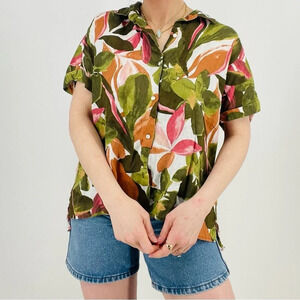 rachel zoe 100% linen button down top clementine orange and palm frond green L